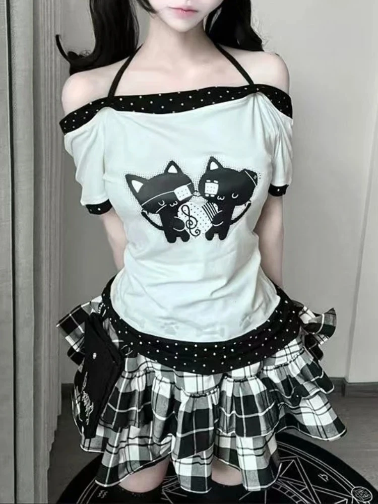 

Y2k Subculture Slash Neck Off Shoulder T-shirts Women Design Casual Short Sleeve Loose Tees Female High Street Summer Outfits