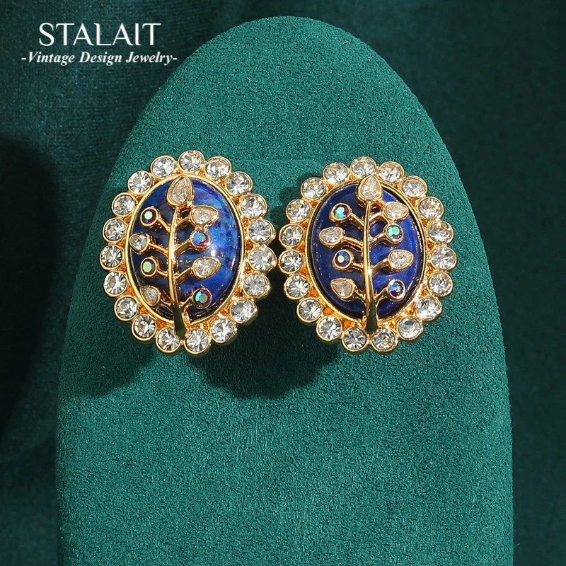 

Antique Jewelry Oval Shape Blue Natural Stone Leaves Stud Earring for Woman Inlaid with Zircon Vintage Luxury Christmas New 2025