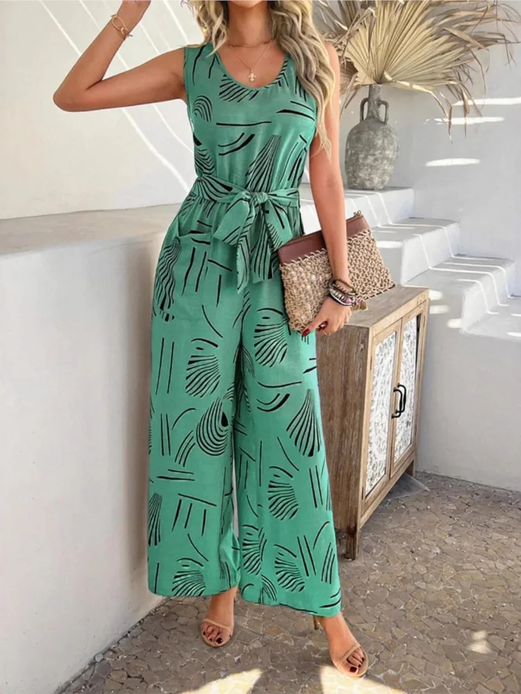 Jumpsuit Wanita Musim Panas Tanpa Lengan Berpinggang Tinggi dengan Tali Serut dan Renda, Kasual Longgar dengan Saku, Celana Lebar Model Romper Wanita 2025