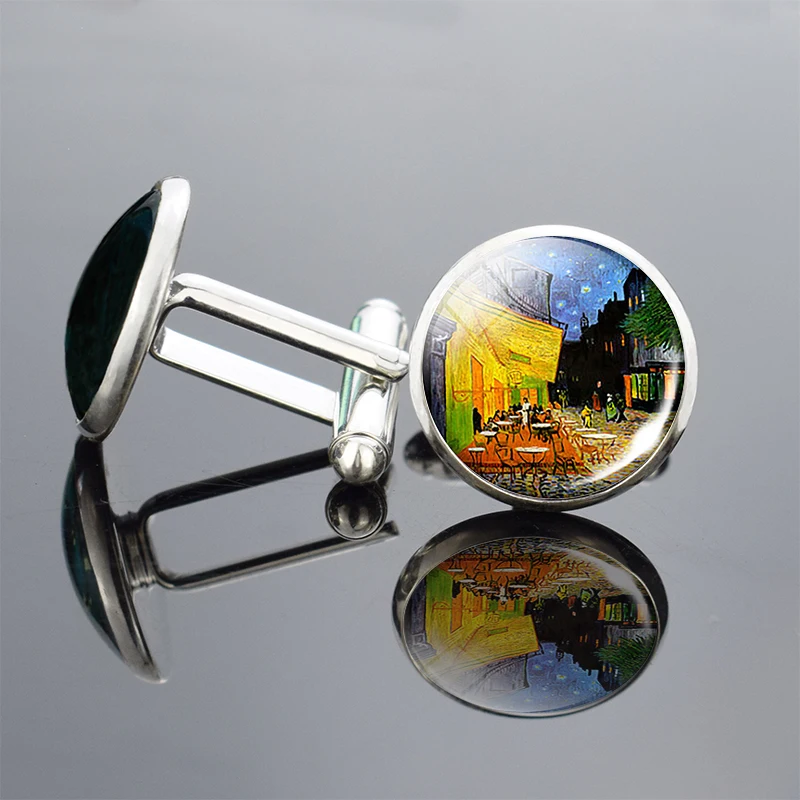 Van Gogh SilverColour Cufflinks Starry Night Handmade Oil Painting Glass Cabochon Cufflinks Men Women Christmas Gift