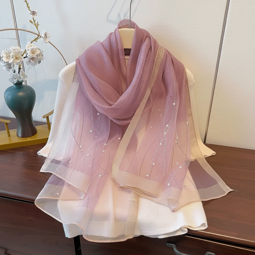 

Fashion Shimmer Pearls Striped Hijab Scarf Plain Solid Long Lady Bandanas Breathable Soft Sunscreen Shawl