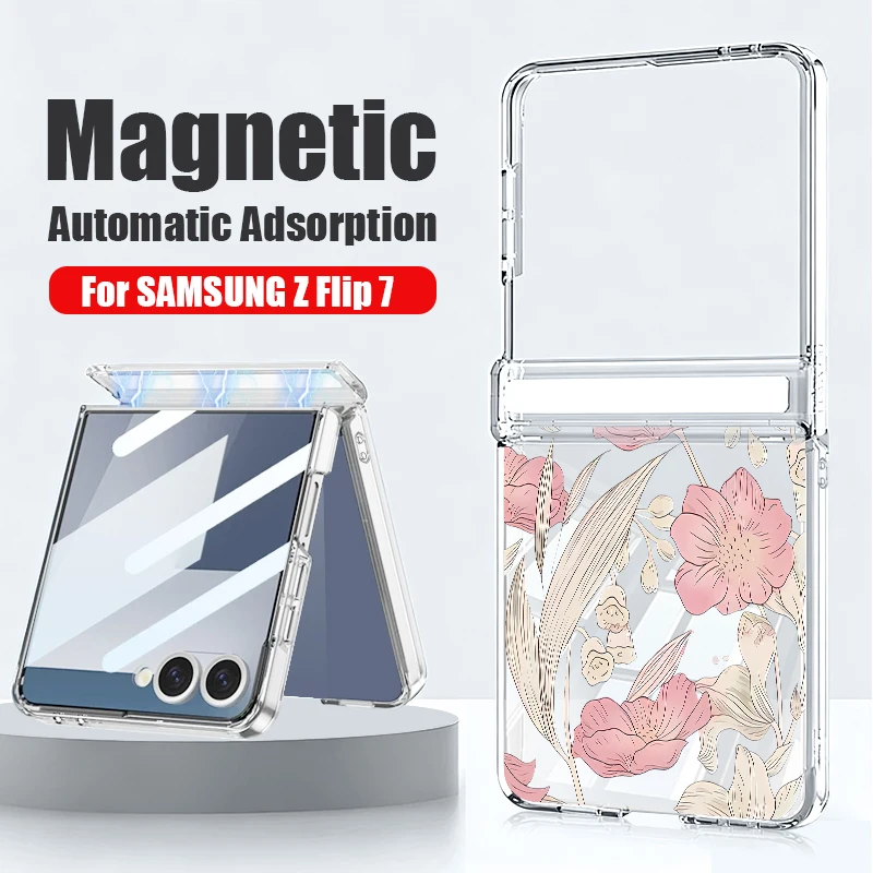 Magnetic Auto Adsorption Phone Case For Samsung Galaxy Z Flip 8 7 FE 6 5 Flip8 Flip7 5G Cartoon Flower Print Hard PC Back Cover