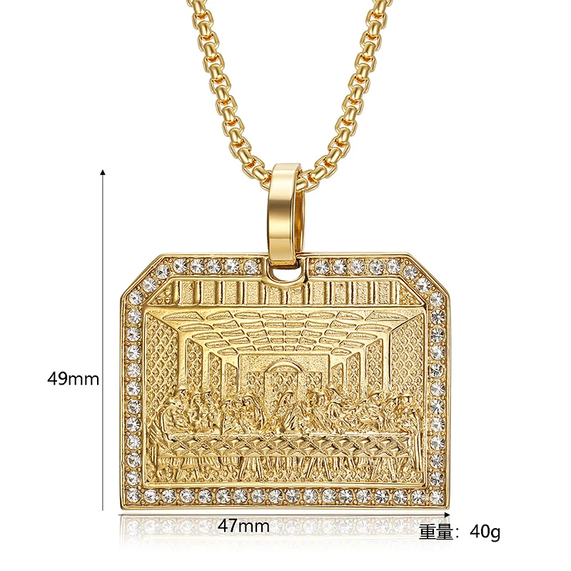 Hip Hop Rhinestones Paved Gold Color Solid Stainles Steel The Last Supper Square Pendants Necklaces for Men Rapper Jewelry Gift