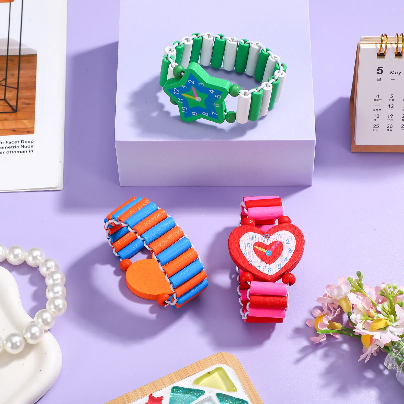 3Pcs Wooden Cartoon Simulation Wristwatch Set Children Bracelet Watch Gift Choice Kids Cool Cartoon Patterns Safe Environment