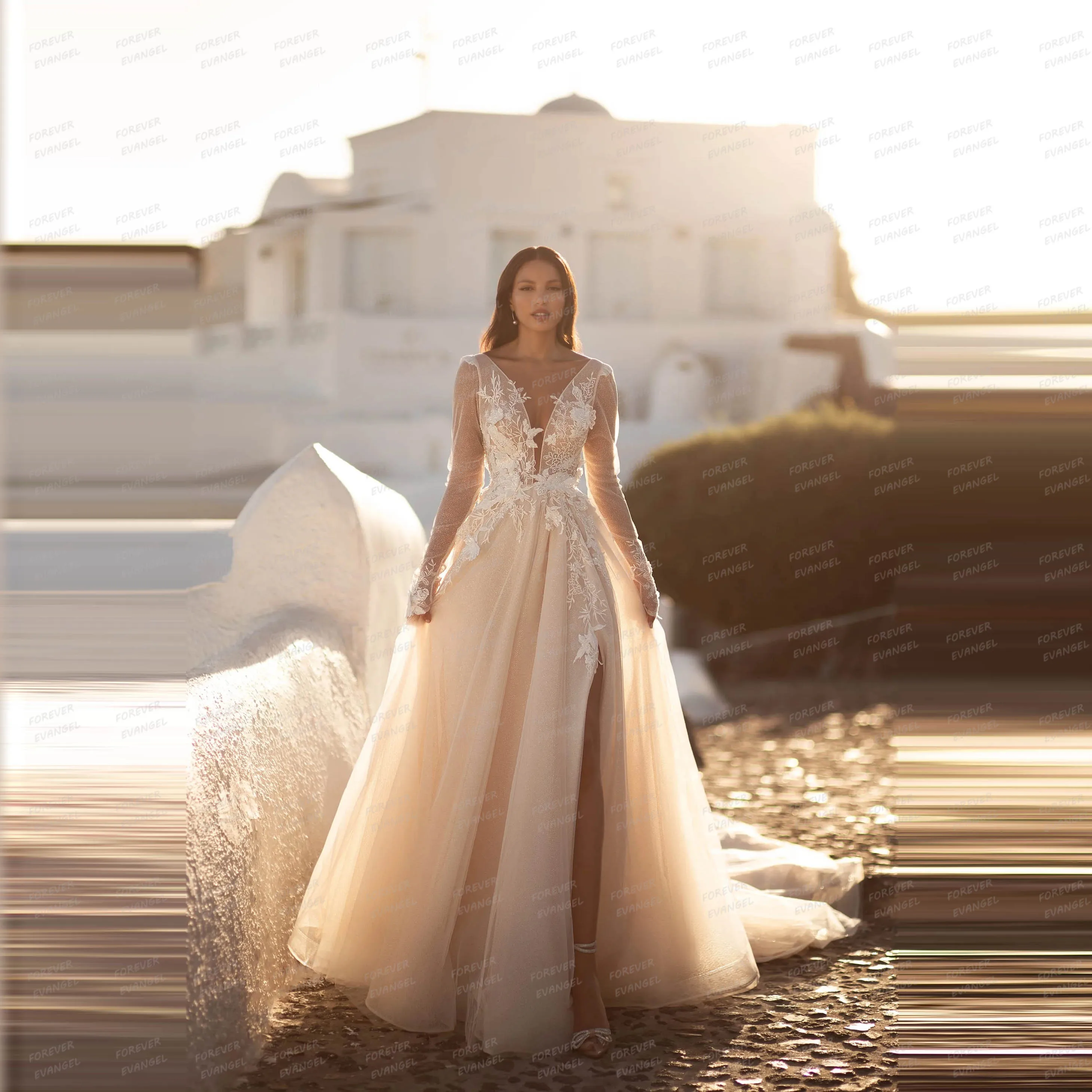 

Simple Boho Sexy Wedding Dresses A Line Woman's High Split Appliques V Neck Long Sleeve Bride Gowns Vestidos De Novia Customized