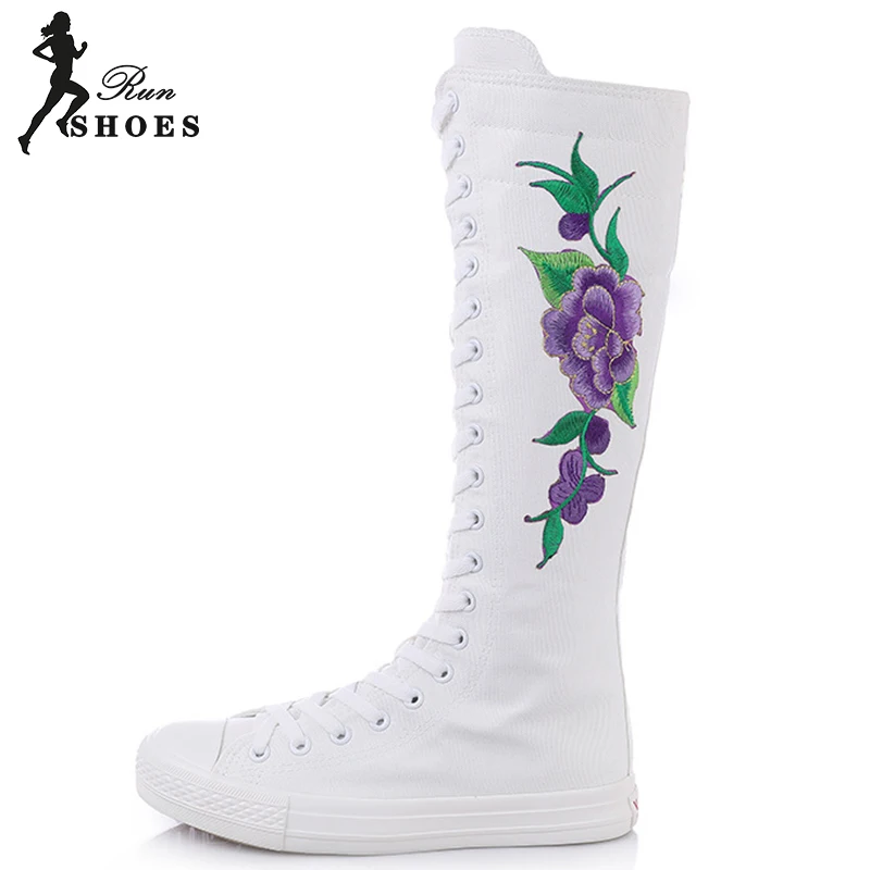 Spring Autumn Boots Women Fashion High-top Zipper Embroider Cheerleaders Dance Long-barreled Casual Canvas Boots Tall Punk Shoes