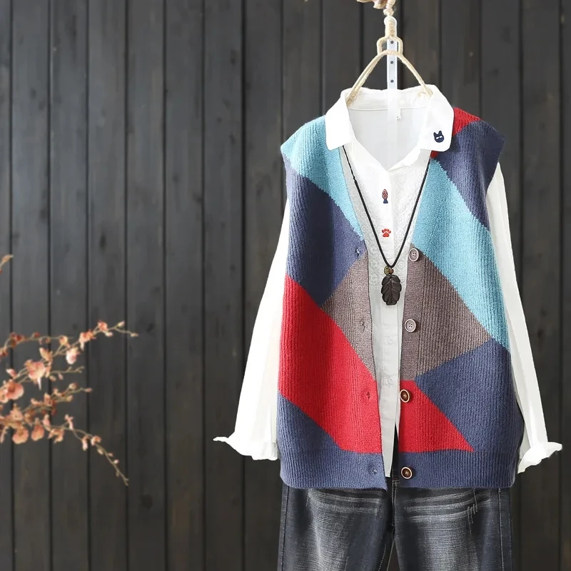 Knitted Vests Sleeveless Jackets Women Cardigan Tops Vintage Elegant Waistcoat Winter Warm Clothes Argyle Color Block Outerwears