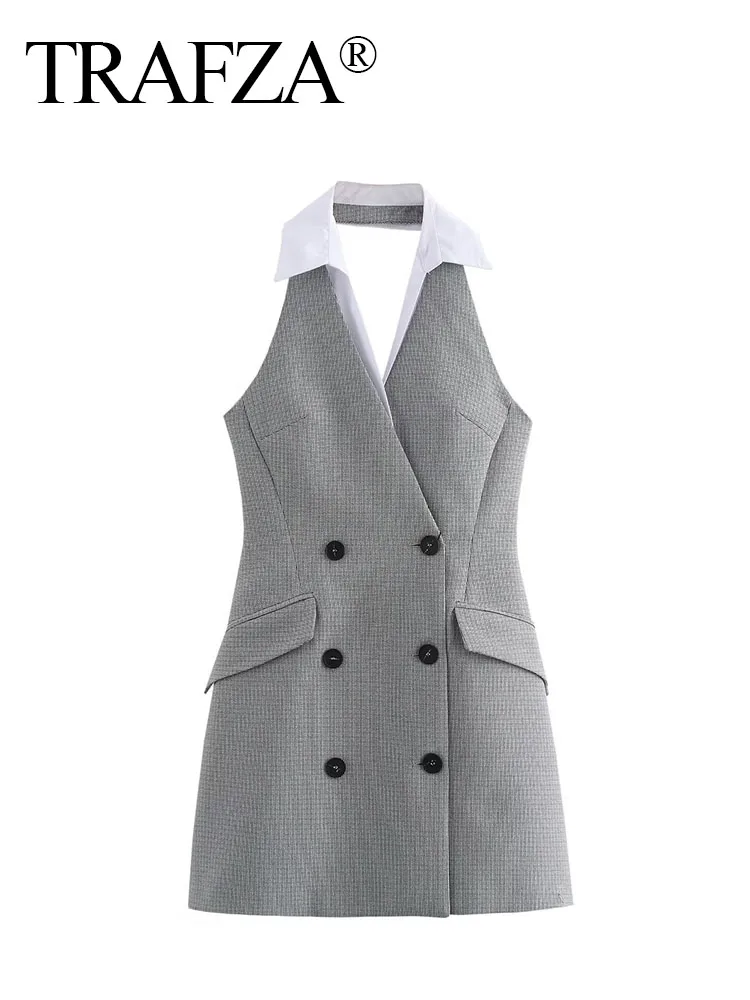 TRAFZA Female Sexy Mini Dress Grey Turn-Down Collar Sleeveless Backless Double Breasted Summer A-Line Dresses Woman 2024 Trendy