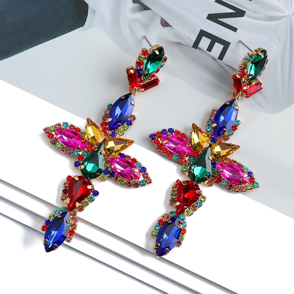 Fashion Cross Colrful Crystal Dangle Drop Earrings For Women Boho Trend Luxury Quality Charm Holiday Unusual Pendant Jewelry