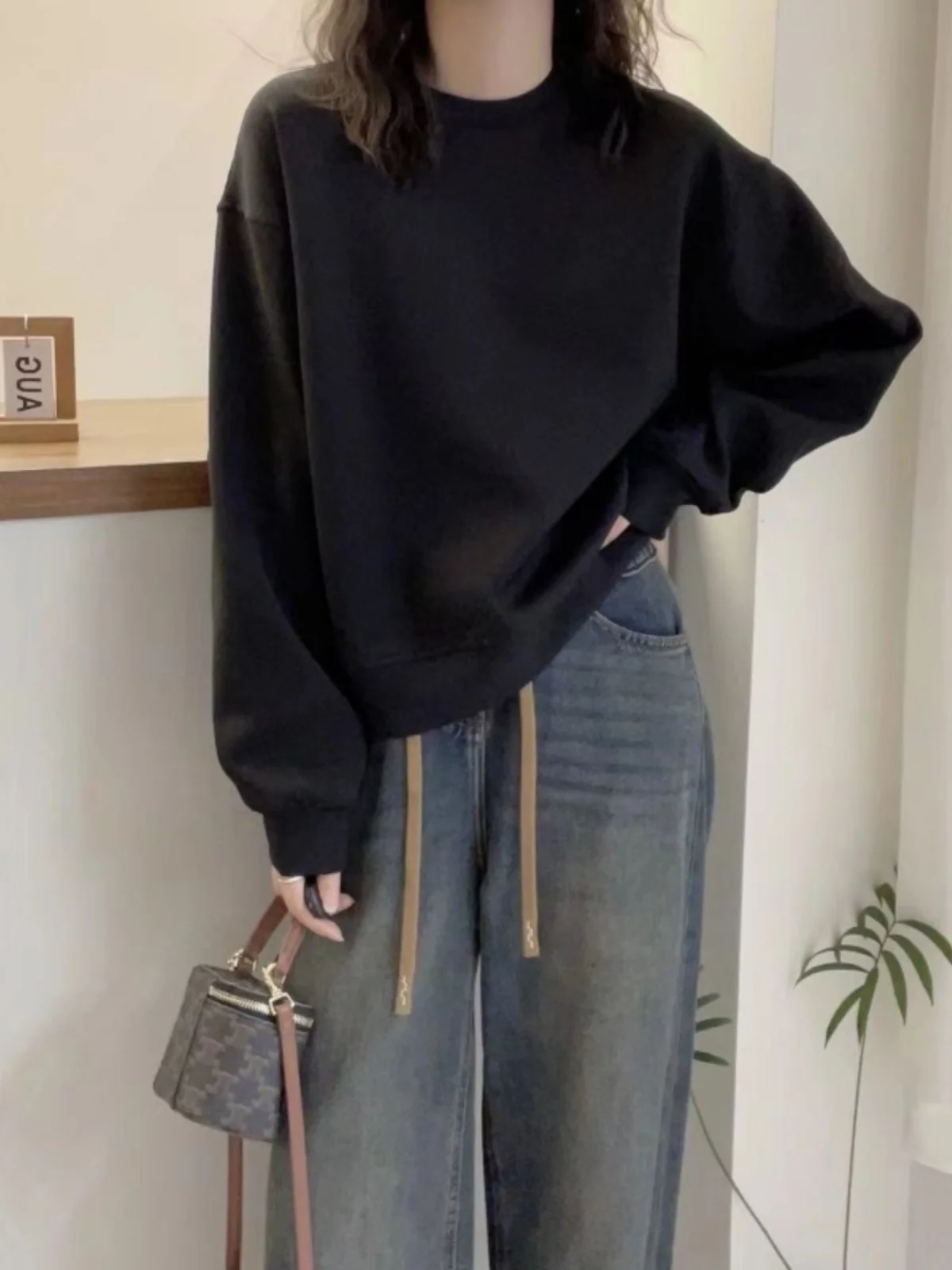 Moletom feminino de alta qualidade com forro de Fce solto ort-Sved primavera outono inverno Faion redondo Ne pull-on longo Sve Jaet