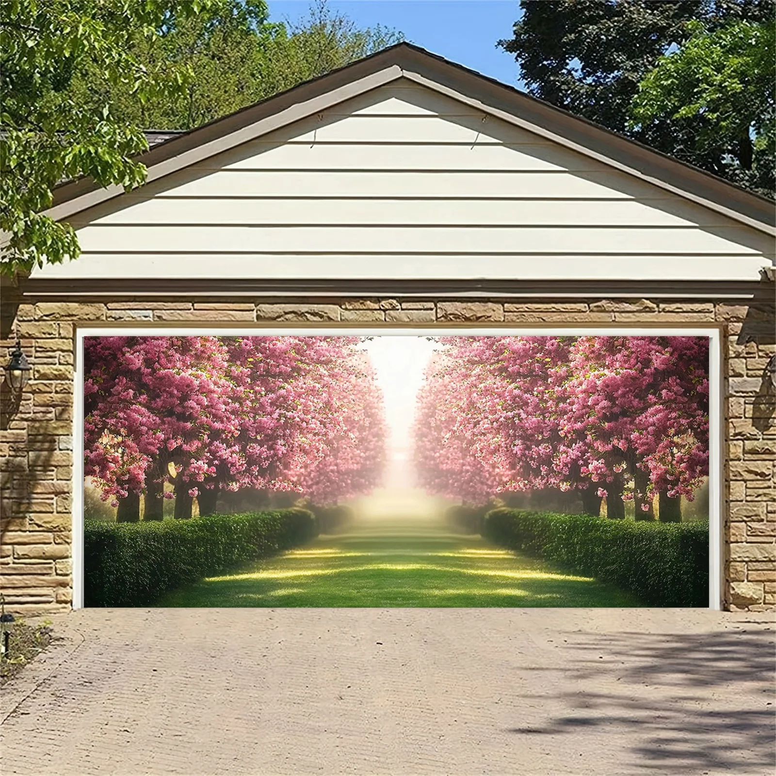 لافتة باب ثنائية الأبعاد، لافتة باب جراج كبيرة على شكل زهر الكرز - أشجار وردية وزخرفة مسار بيضاء #6