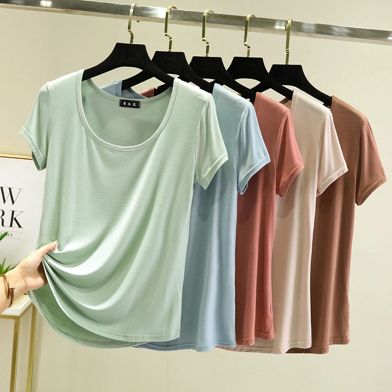 قميص نسائي صيفي بياقة على شكل حرف U وأكمام قصيرة، مقاس كبير، قميص أساسي من المودال، رقبة مستديرة، نصف كم، قميص خفيف بلون واحد...