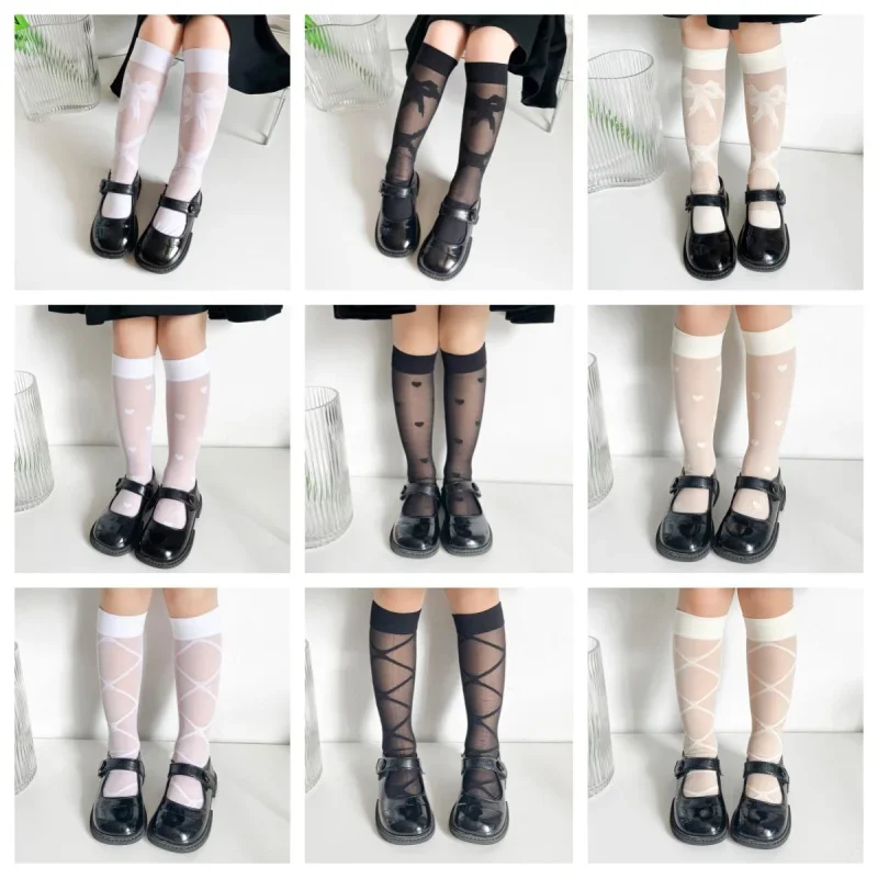 1 Pair Kids Girl Silk Sock Fashion Heart Bowknot Calf Sock for Children Girl Summer JK Thin Soft Breathable Little Girl Sock