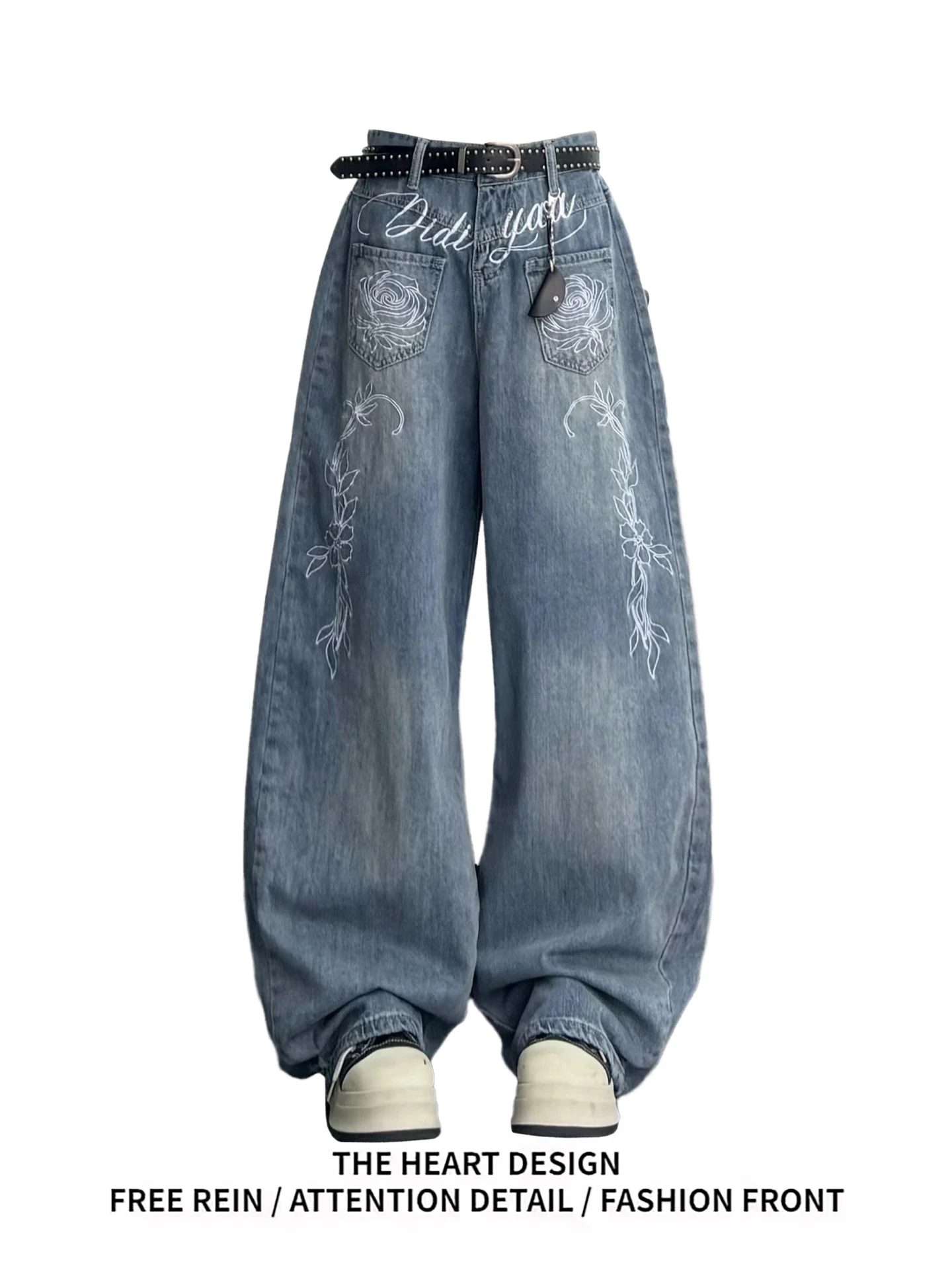 

American Retro Printed Denim Pants Women's Loose Straight Wide Leg Floor Length Pants Spring New Design Casual High Waist