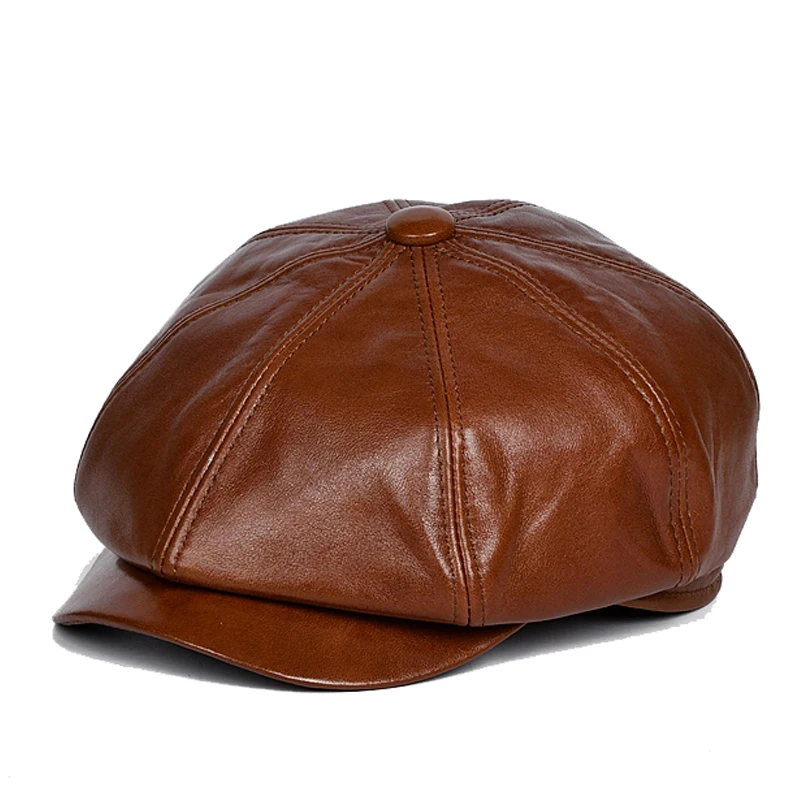 Lambskin Newsboy Beret Cap Men Unisex Genuine Leather Hats Women Male British Forward Boina Brown Octagonal Peaked Caps