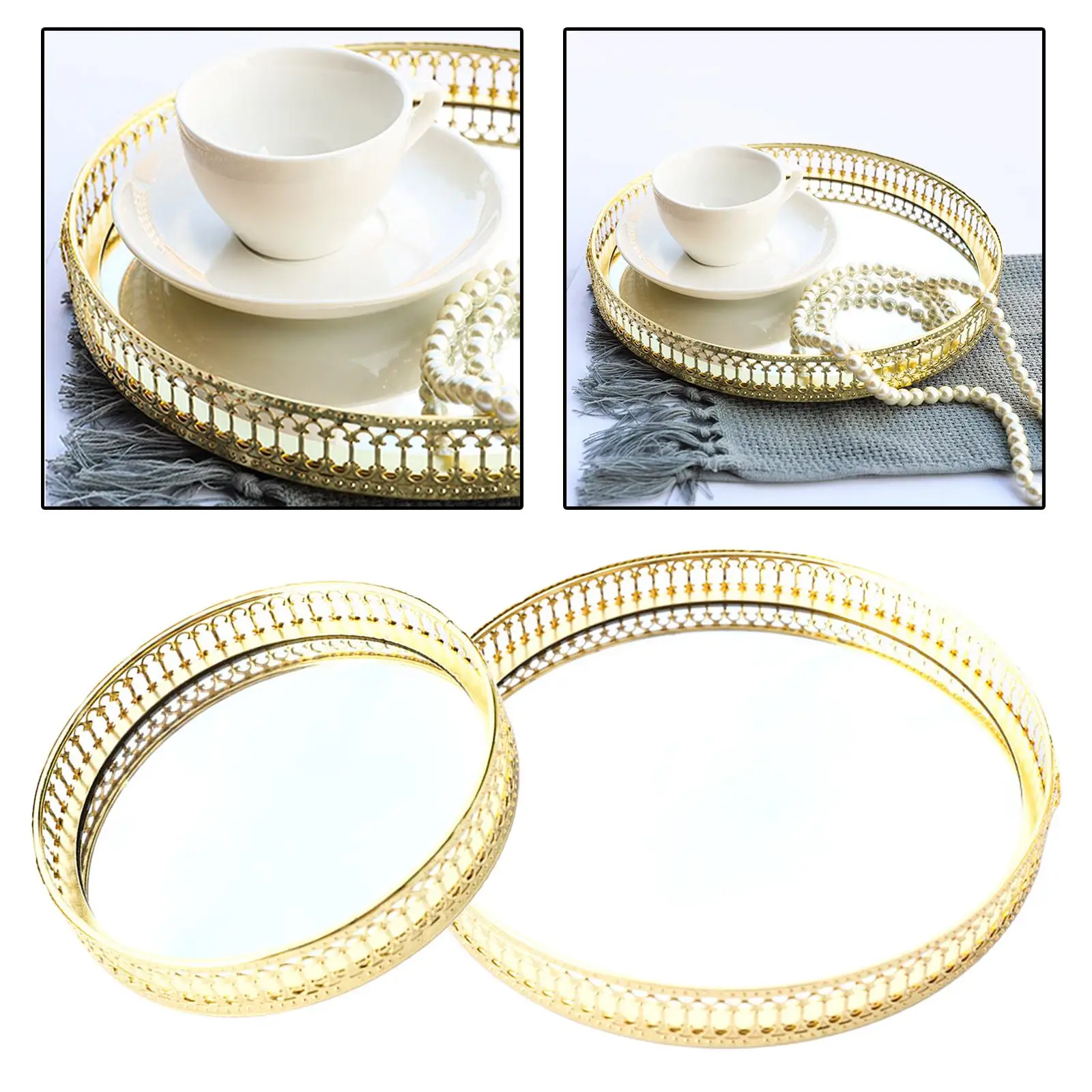 Perfume Jewelry Tray Mirror Tray Vanity Decorative Tray with Round Gold Metal