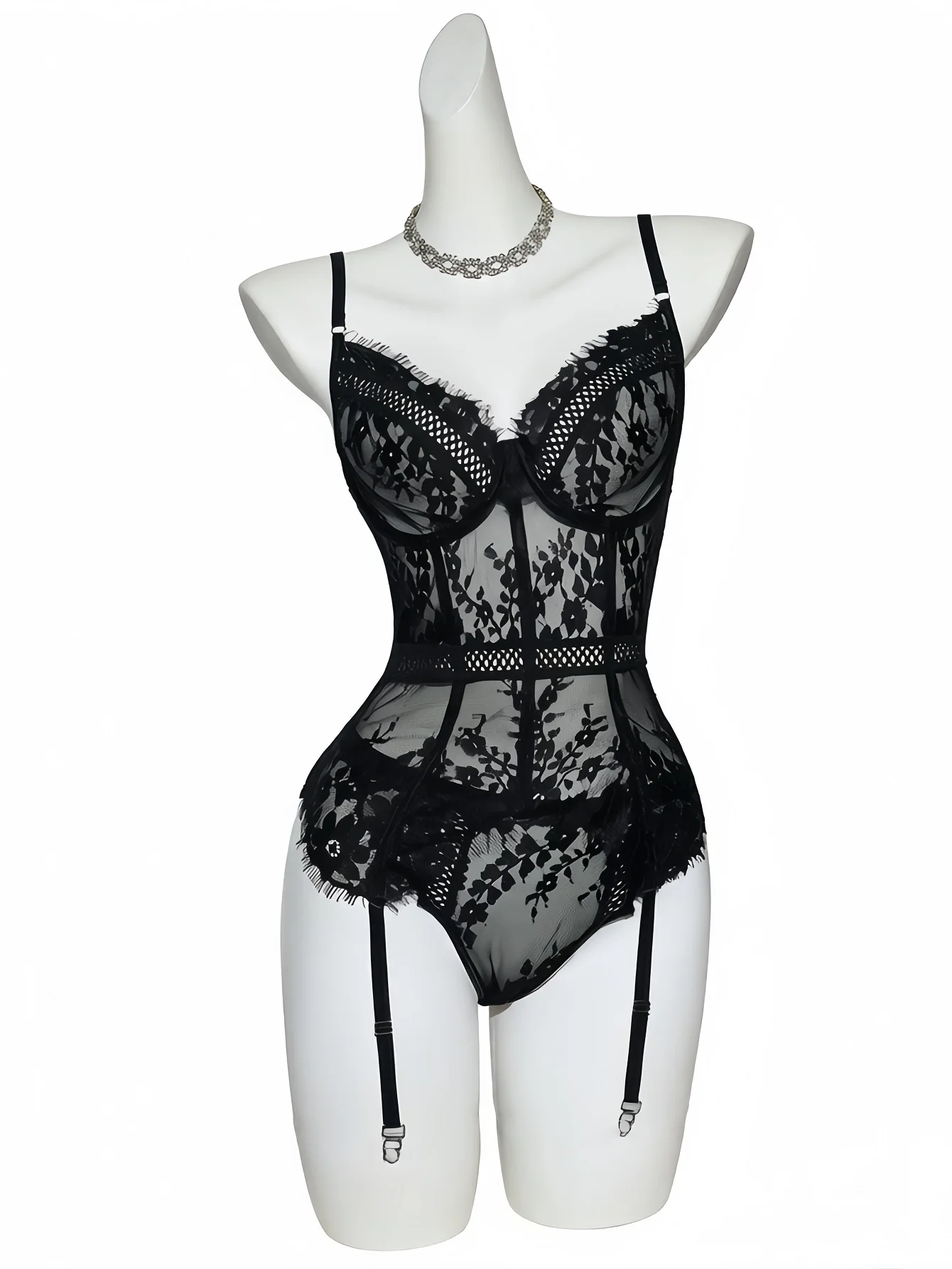 A1 Women Black Sheer Floral Lace Bustier Bodysuit With Garter Straps Underwire Push Up Sexy Lingerie Corset Shapewear