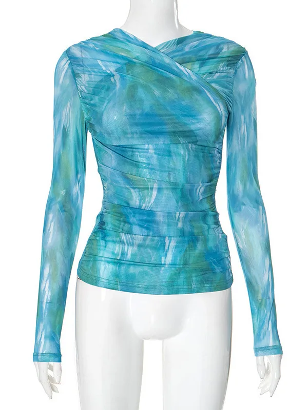 Casual Leisure Tie Dye Long Sve Slimming Waist T irt Overhead Top Women's Faion Spring Polymer Fiber Polyester round Ne