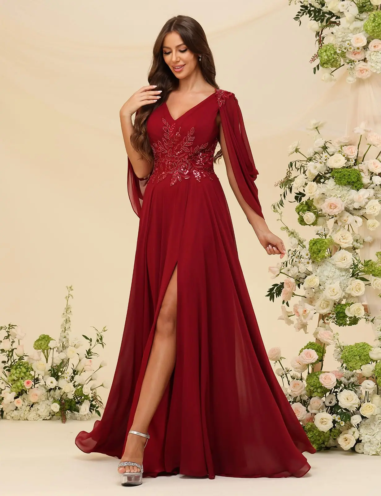브이넥 쉬폰 신부 어머니 드레스 레이스 아플리케 여성용 정장 드레스 긴 이브닝 가운(소매 포함)