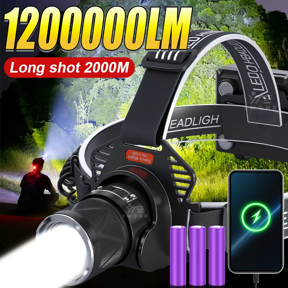 

2000 м супер яркий налобный фонарь светодиодные фонарики с телескопическим зумом для рыбалки, лампа с датчиком движения, налобный фонарь, уличный фонарь для кемпинга