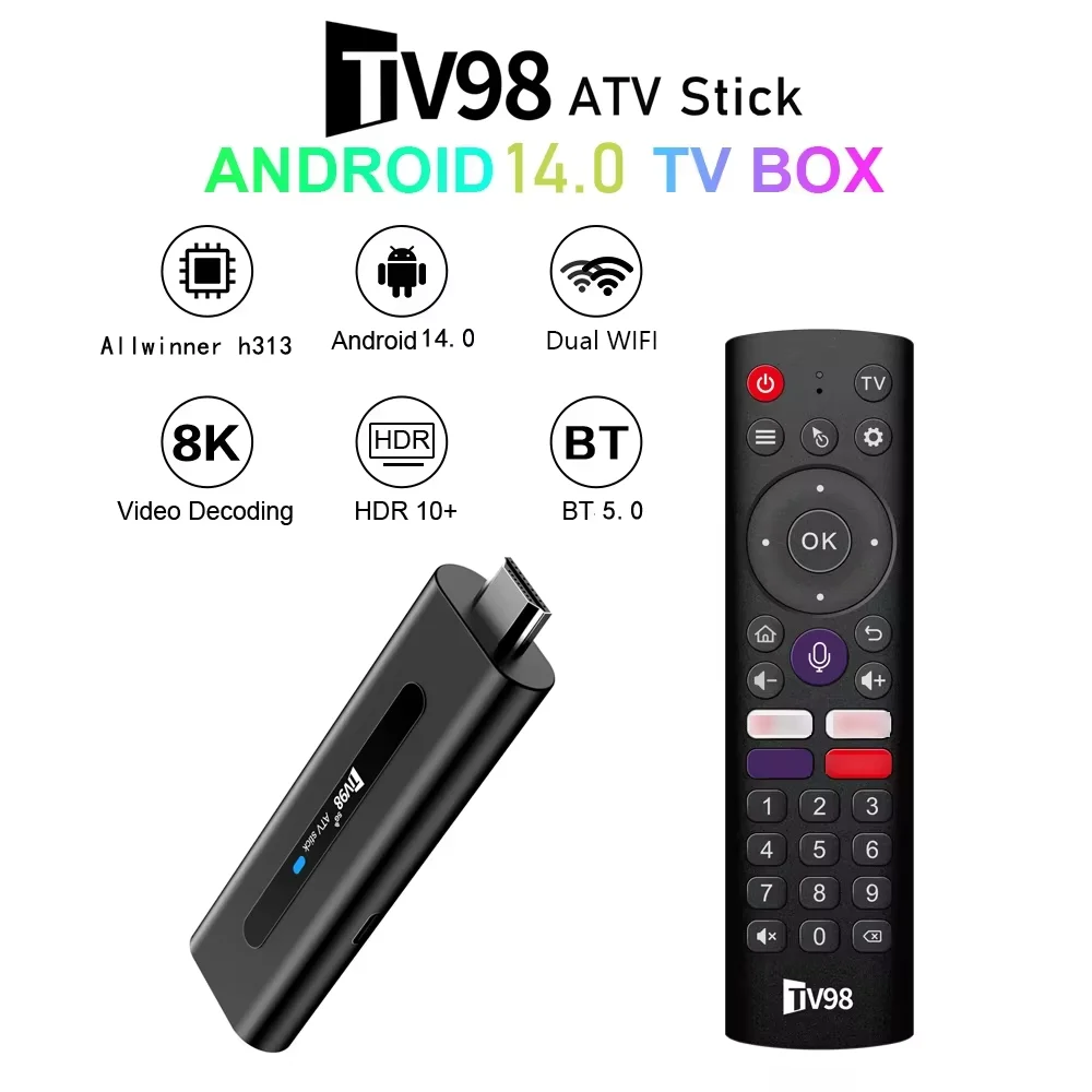 Mini TV Stick Android 14 compatible con vídeo 8K 4K Wifi 2,4G/5G Allwinner H313 Quad Core Cortex A53 caja de TV inteligente remota por voz