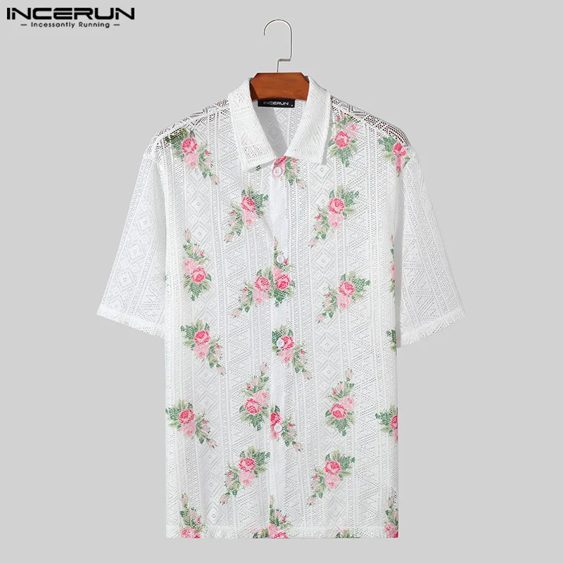 2024 Men Shirt Mesh Transparent Flower Printing Lapel Short Sleeve Summer Men Clothing Streetwear Fashion Casual Shirts INCERUN