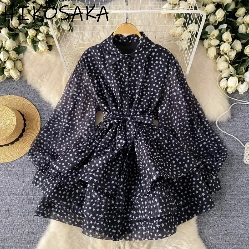 Vintage Casual Leopard Print Dress Turn-down Collar Lantern Sleeve Belt Slim Wasit Robe Cascading Ruffles A-line Vestidos