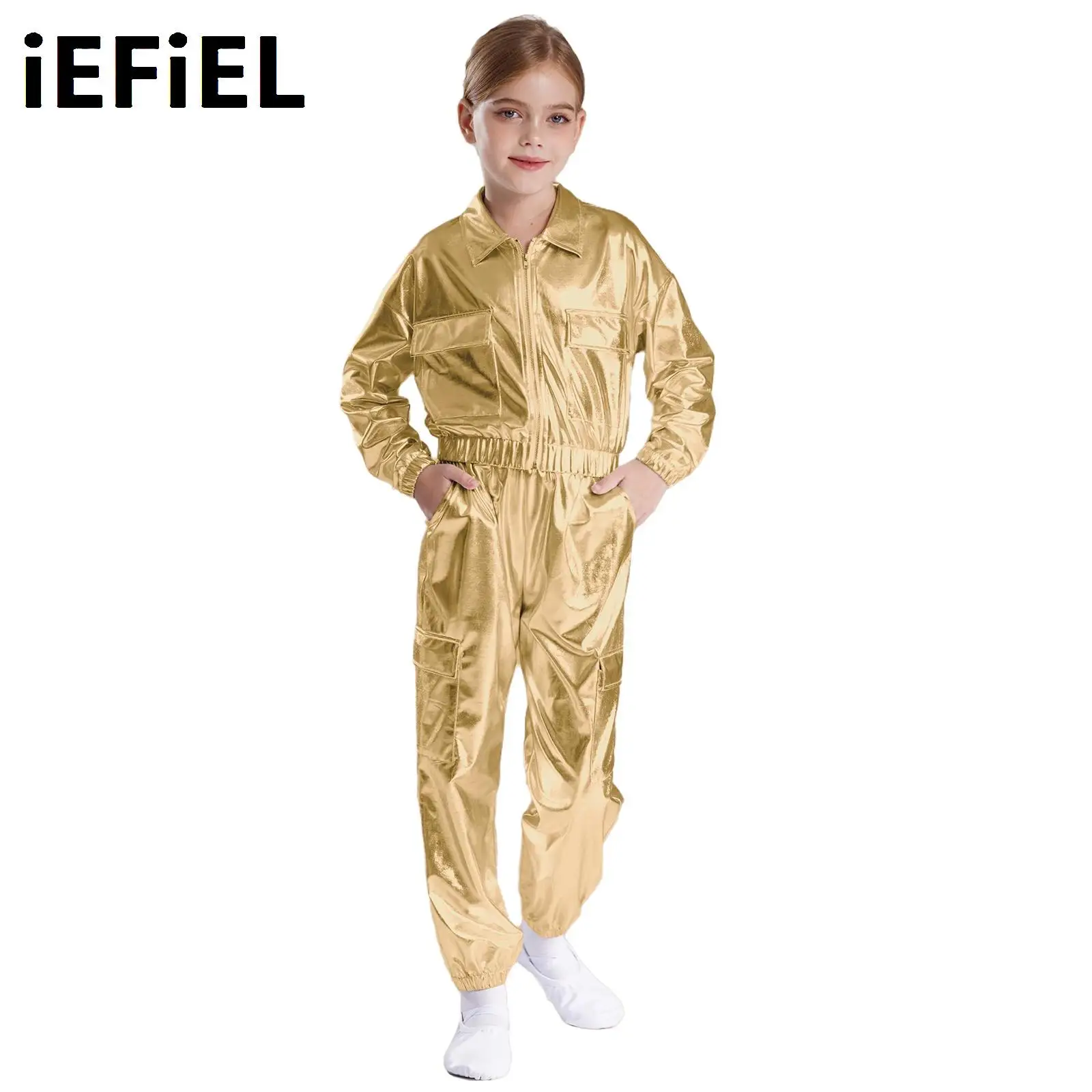 

Kids Boys Girls Metallic Dance Outfit Turn-Down Collar Long Sleeve Outwear Jacket with Shiny Pants for Hip-Hop Jazz