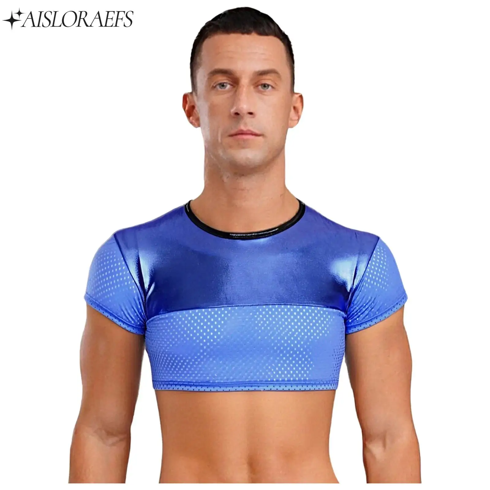 

Mens Dancing Party Crop Tops Yoga Clothing Metallic Shiny Breathable Mesh Short Sleeve Slim Crop T-shirt Blouses Beach Clubwear