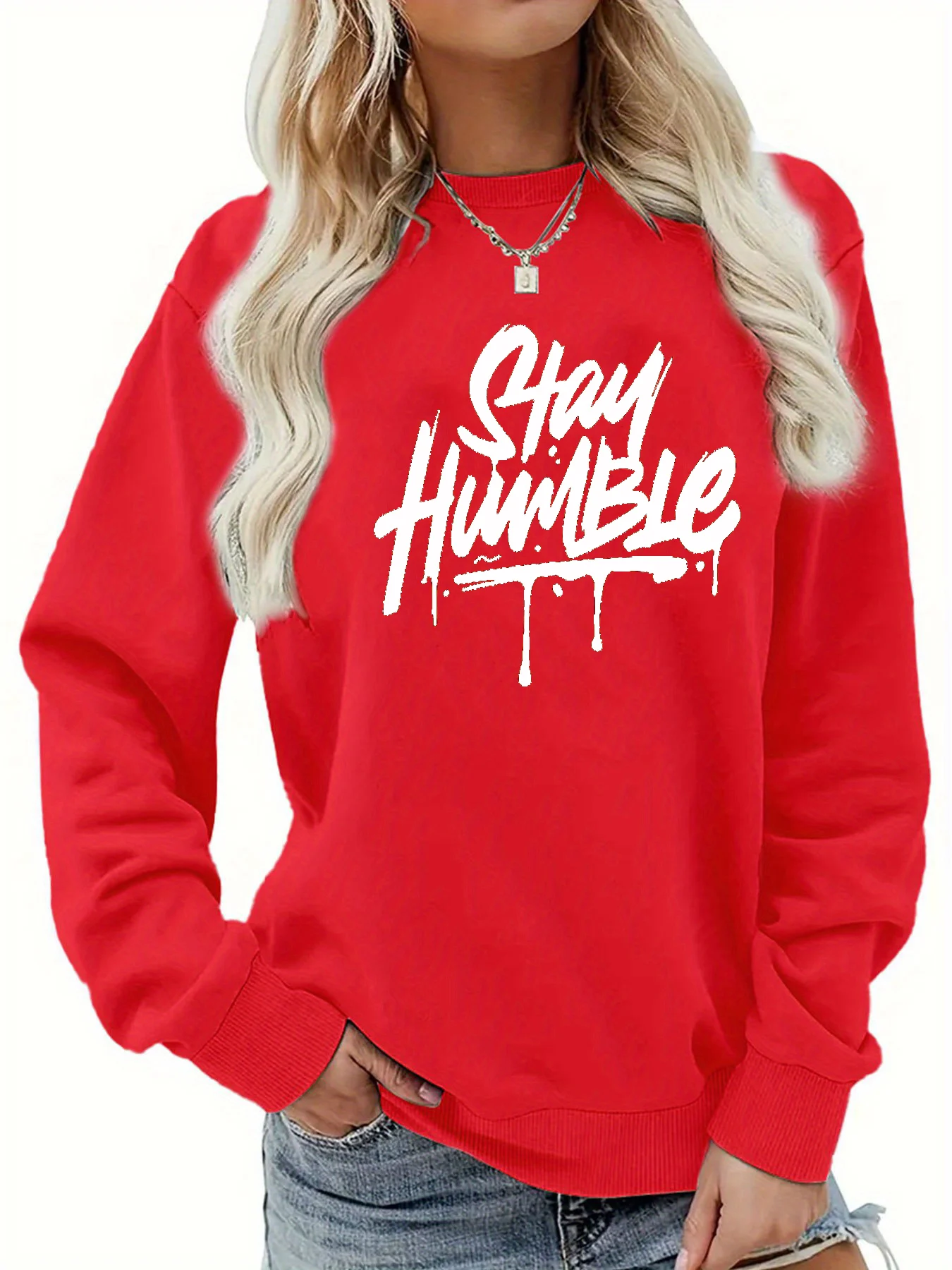 بلوفر نسائي كاجوال للخريف والشتاء فضفاض ومريح ودافئ ومطبوع برقبة دائرية وأكمام طويلة