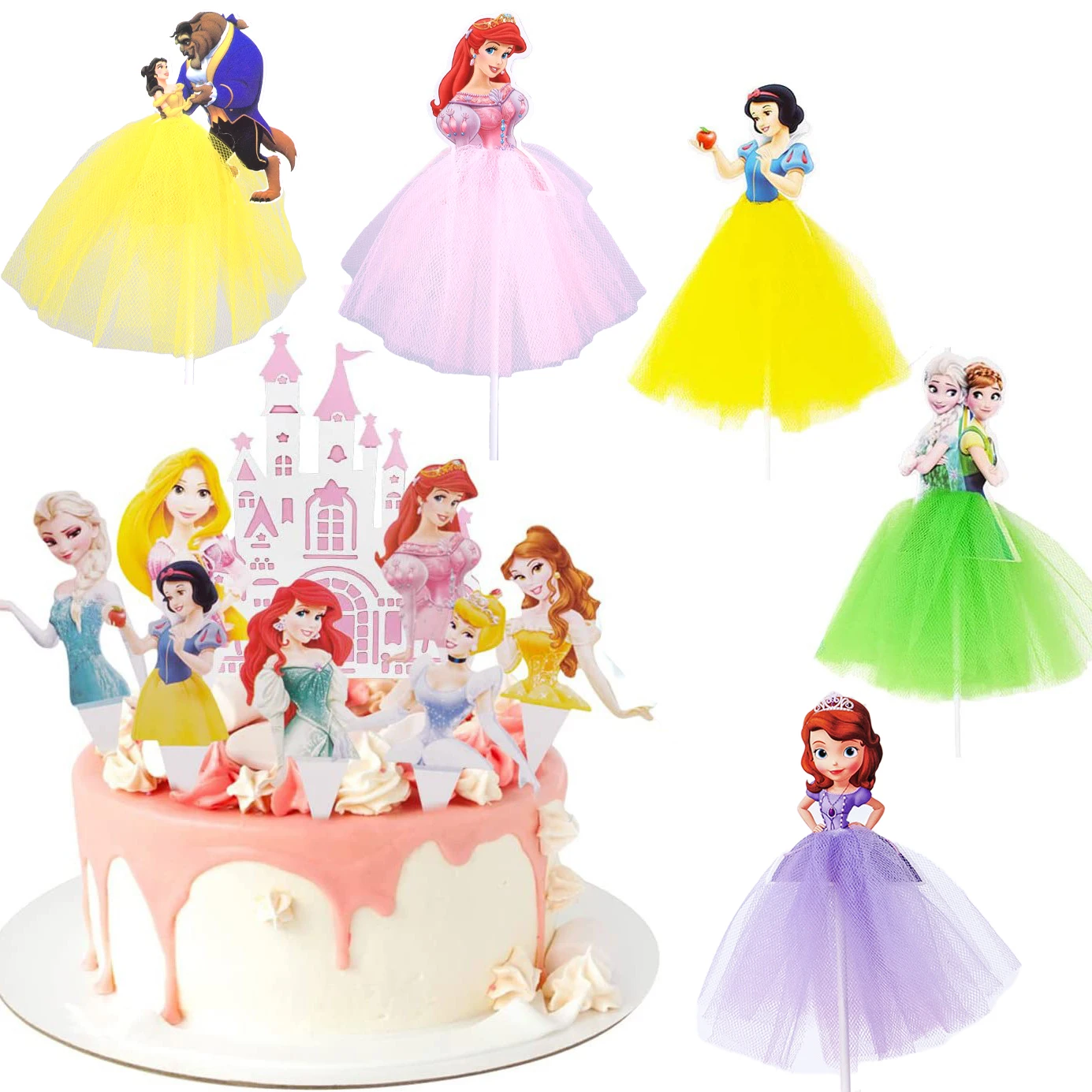 1-10 قطعة/الوحدة ديزني فروزن إلسا آنا الأميرة كعكة العلم سنو وايت ارييل أورورا كب كيك القبعات العالية الفتيات حفلة عيد ميلاد زينة