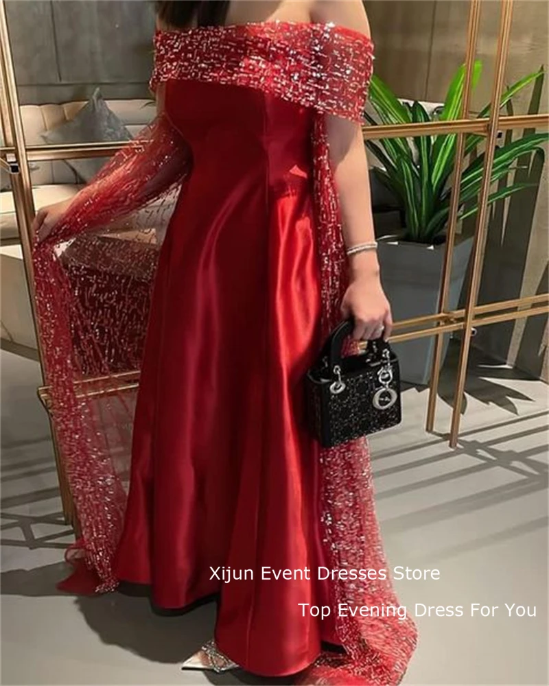 Xijun-vestido de noche rojo con lentejuelas y cuello de barco para mujer, traje de fiesta largo Formal de satén con cola de barrido, vestidos de fiesta de Arbia saudita para ocasiones