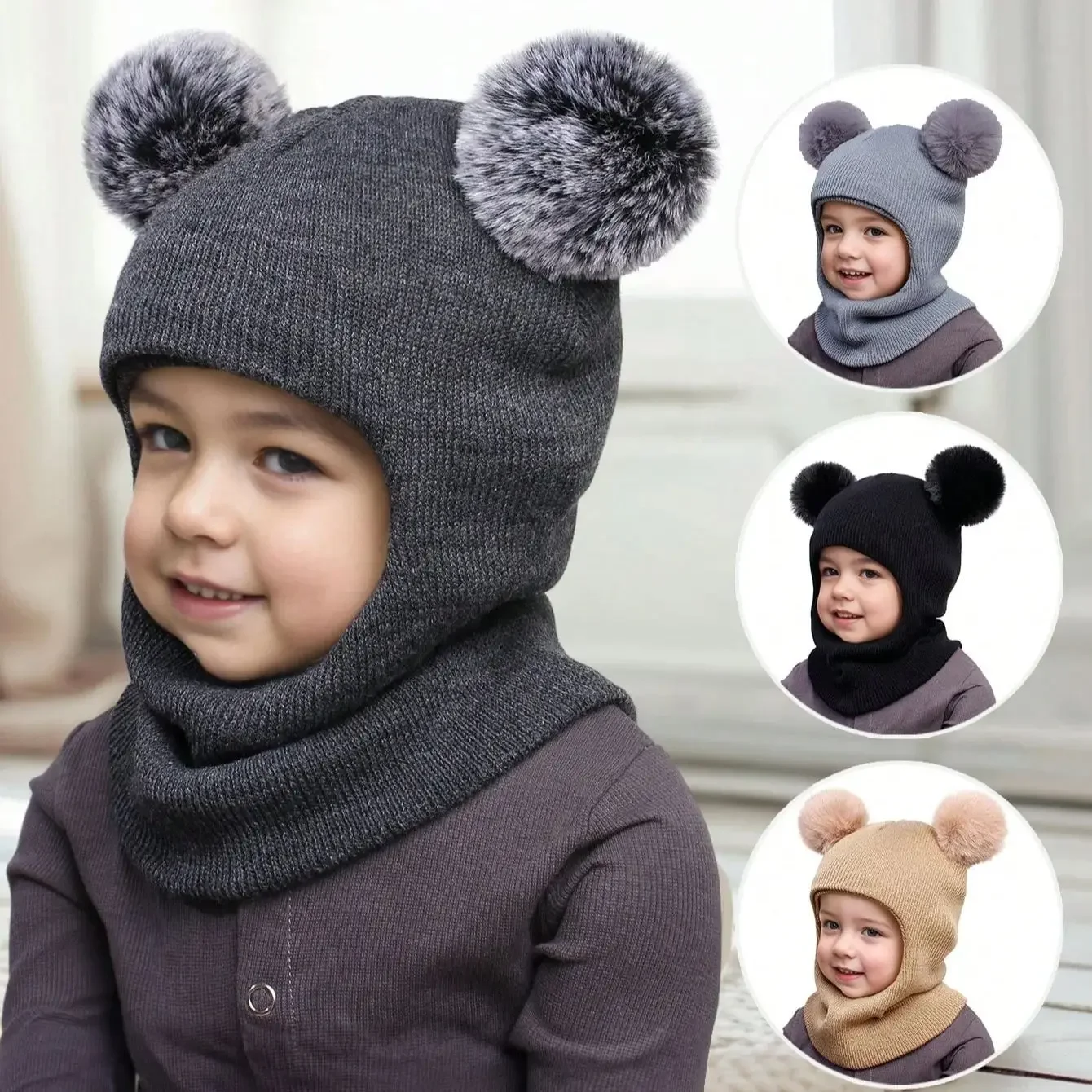

3-12Y autumn and winter double-ball pullover cap, children's double-ball ear-protecting one-piece cap, solid-color cute woolen o
