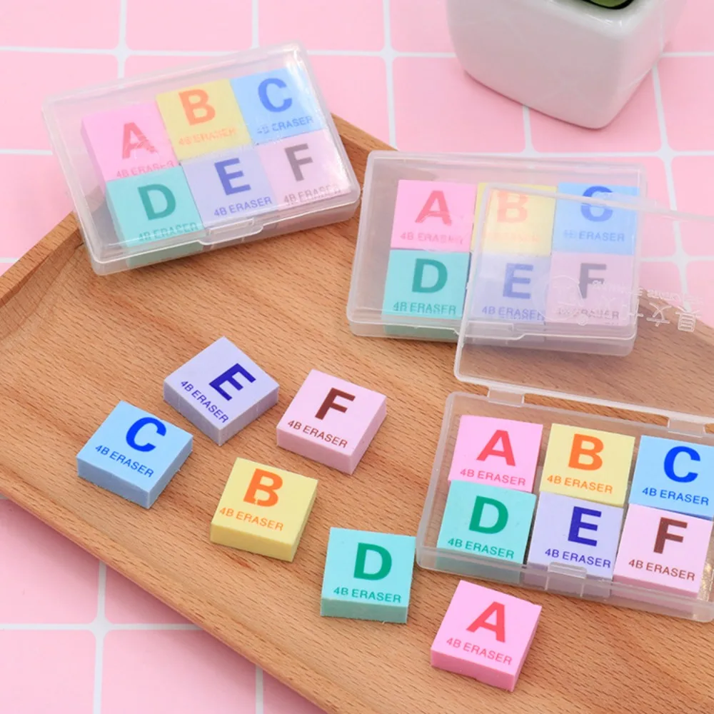 6pcs/box Pencil Eraser Creative Letter Eraser Letter A-F Soft Eraser Candy Color Pencils Eraser Candy Colors Cute