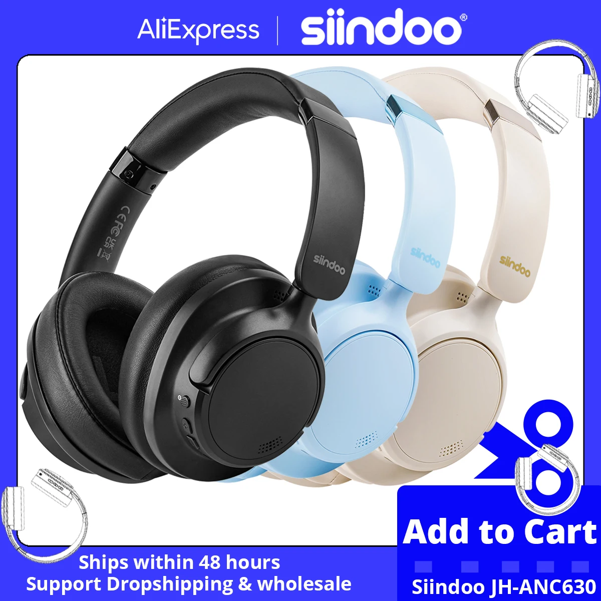 Siindoo New JH-ANC630 Active Noise Cancelling Wireless Headphones Over Ear Bluetooth earphones with Mic 70H Playtime Clear Calls