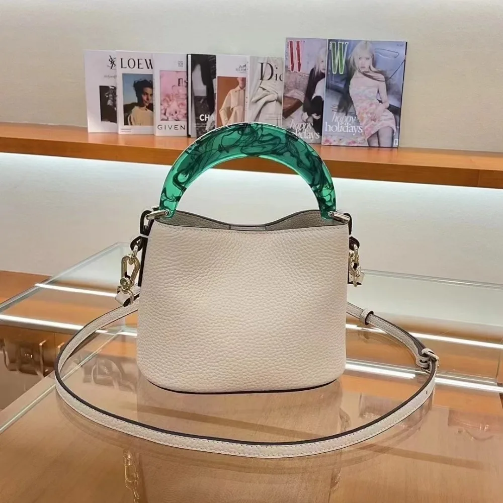 VOLVAETEC 2025 New Niche Bucket Bag Resin Handle Small Bag Leather One Shoulder Crossbody Handbag Female Exquisite Temperament