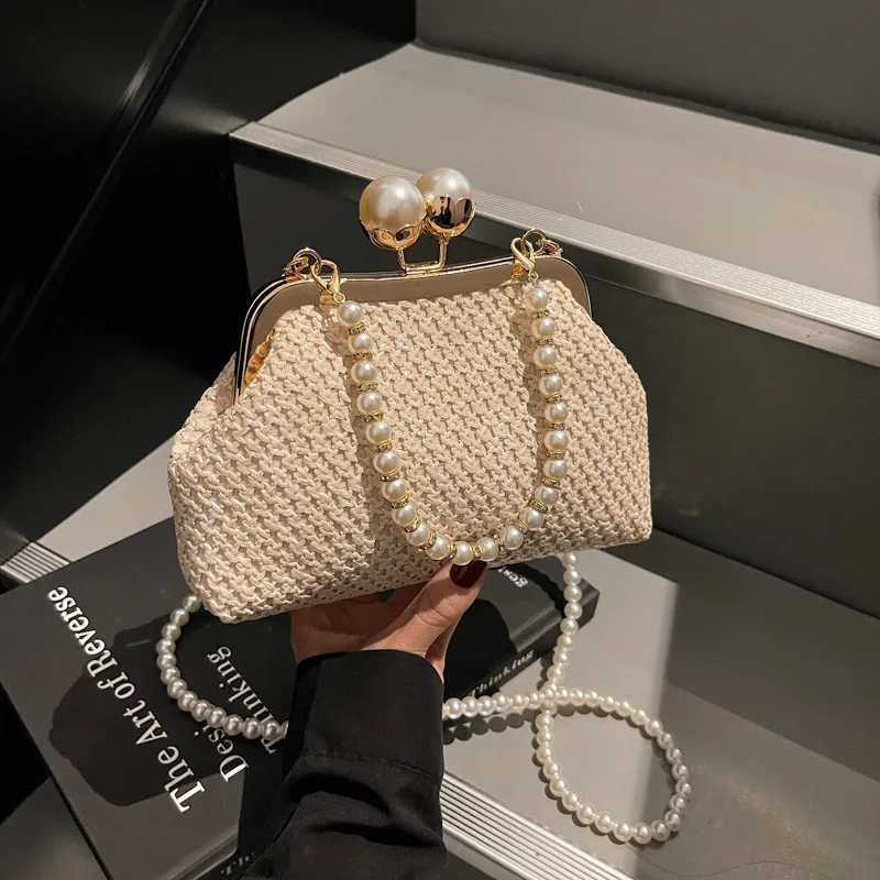 

High End Trendy Women Woven Bag 2026 Summer New Retro Pearls Chains Shoulder Crossbody Bags Elegant Female Exquisite Handbags