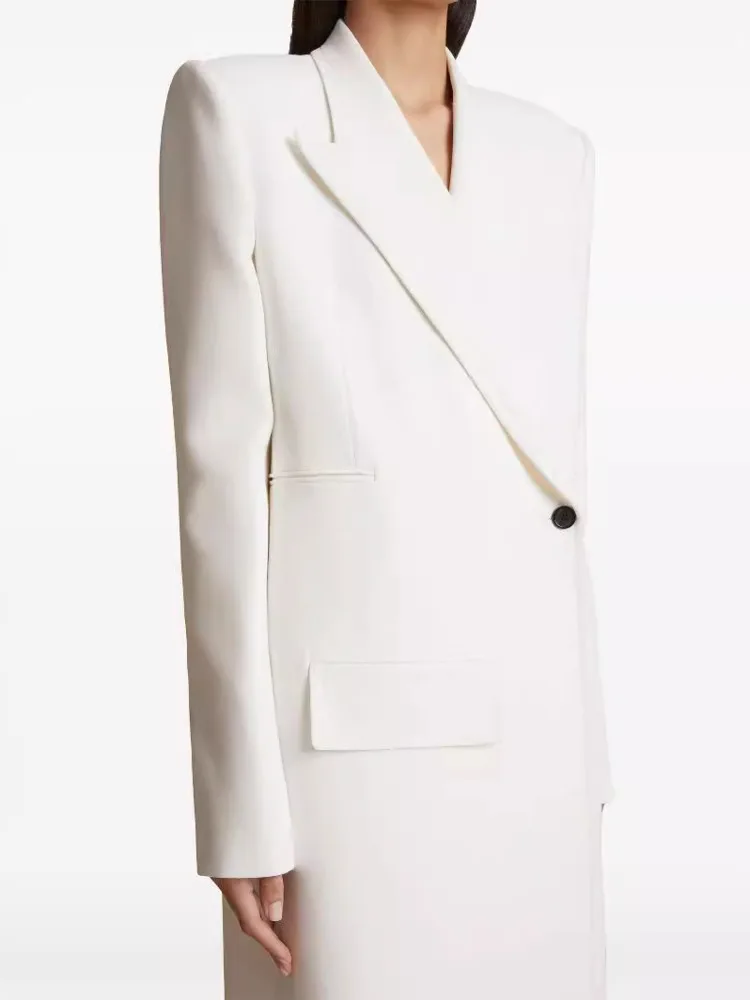 DEAT Fashion Women\'s Long Blazer Notched Collar Long Sleeves Single Button White Suit Jackets Autumn 2024 New Tide 7AB4807