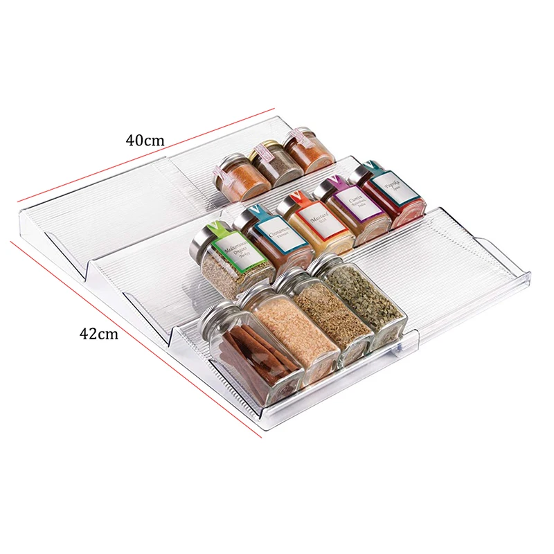 Expandable Plastic Spice Rack, Drawer Organizer for Kitchen Cabinet Drawers, 3 Tier Slanted for Spice Jars,Food Seasoning Bottle