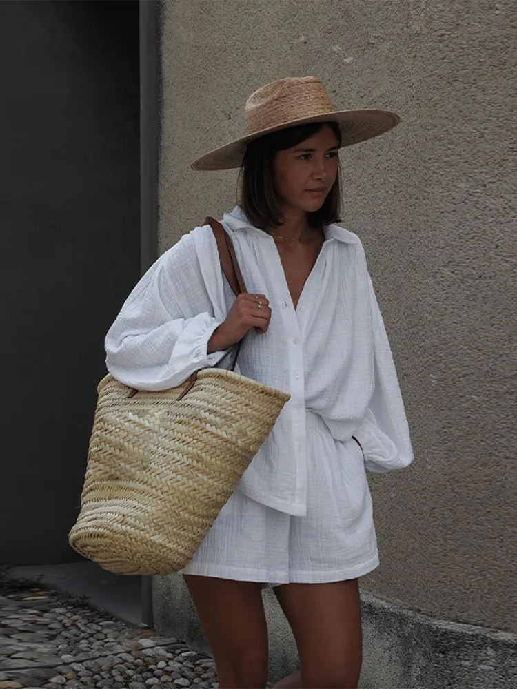 Single Breasted Shirt Set For Women Casual Elastic Waist Wide Leg Short Pants Suit 2025 Summer New Fashion Daily Commute Outfits