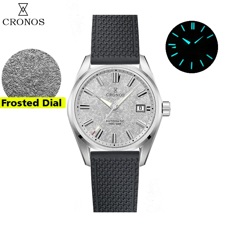 Cronos Herenhorloge 39mm Automatisch Miyota 9015 uurwerk Polshorloges Witte wijzerplaat Berkenpatroon Massieve schakels Saffier 10 ATM L6040M