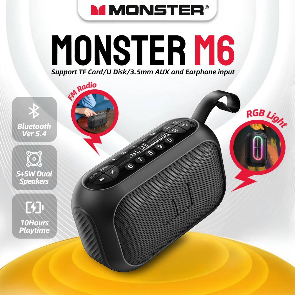 Monster M6 Potente altoparlante Bluetooth portatile, cassa audio Super Bass da 10 W, altoparlante con microfono per chiamate in vivavoce