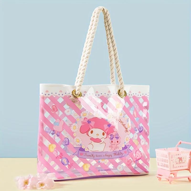 

Sanrio Kuromi Pattern Clear Tote Bag, Kawaii My Melody Sweet Shoulder Bag, Rope Straps Bag For Daily Use