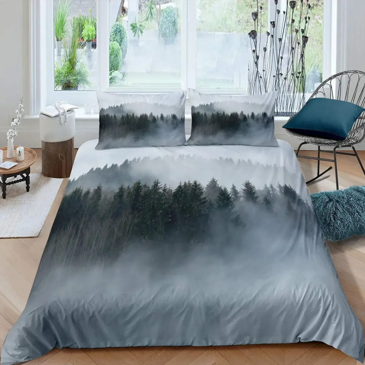 Smoky Mountain Duvet Cover Pine Trees Boys Landscape Quilt Cover Natural Scenery Art Dormitory Room Decoration Queen King Size