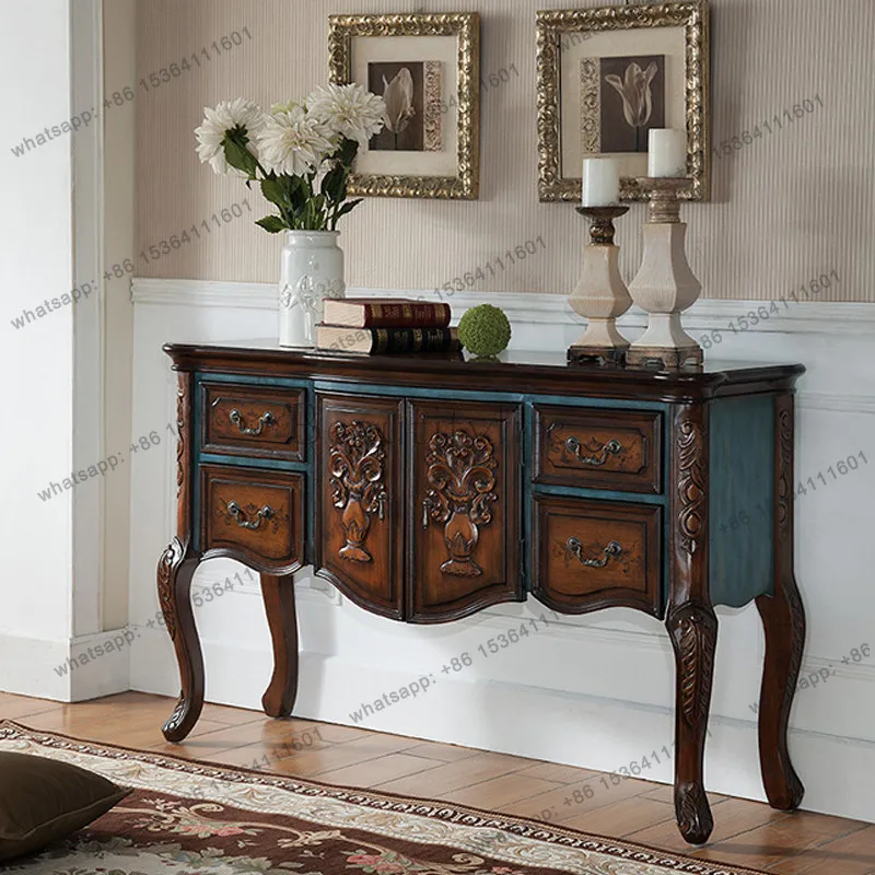 

American retro dining side cabinet solid wood entrance table carved multi-functional entrance cabinet