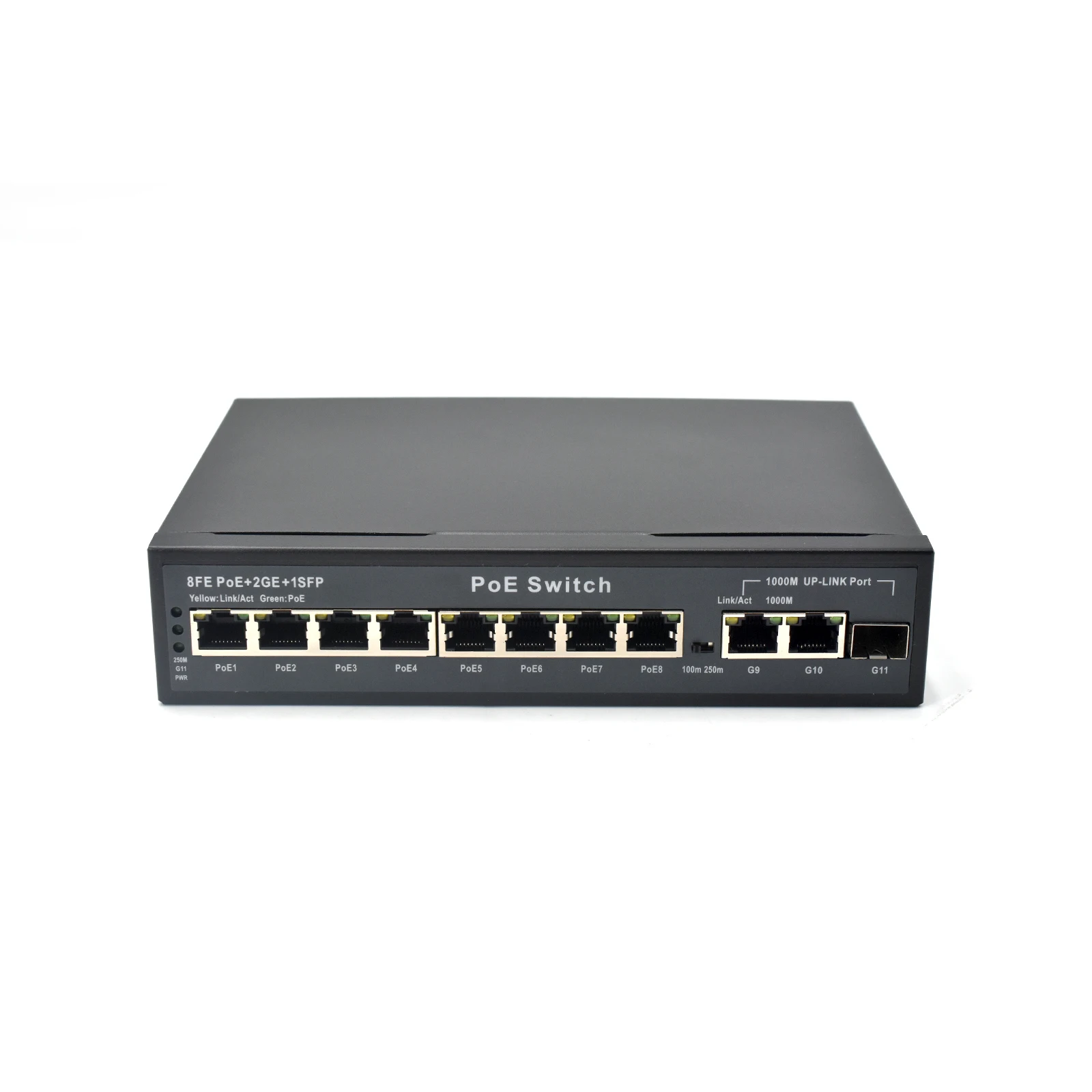 10/100Mbps 8 Port PoE Switch with Fiber Uplink 2 Gigabit RJ45 1 SFP Slot 250m Extend Mode for Long-Distance Surveillance
