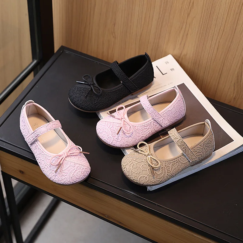 

Children Lace Mary Jane Flats Girls Solid Color Leather 2026 Kids Princess Bow Shoes Round Toes Anti-Slip Party Dress Shoe