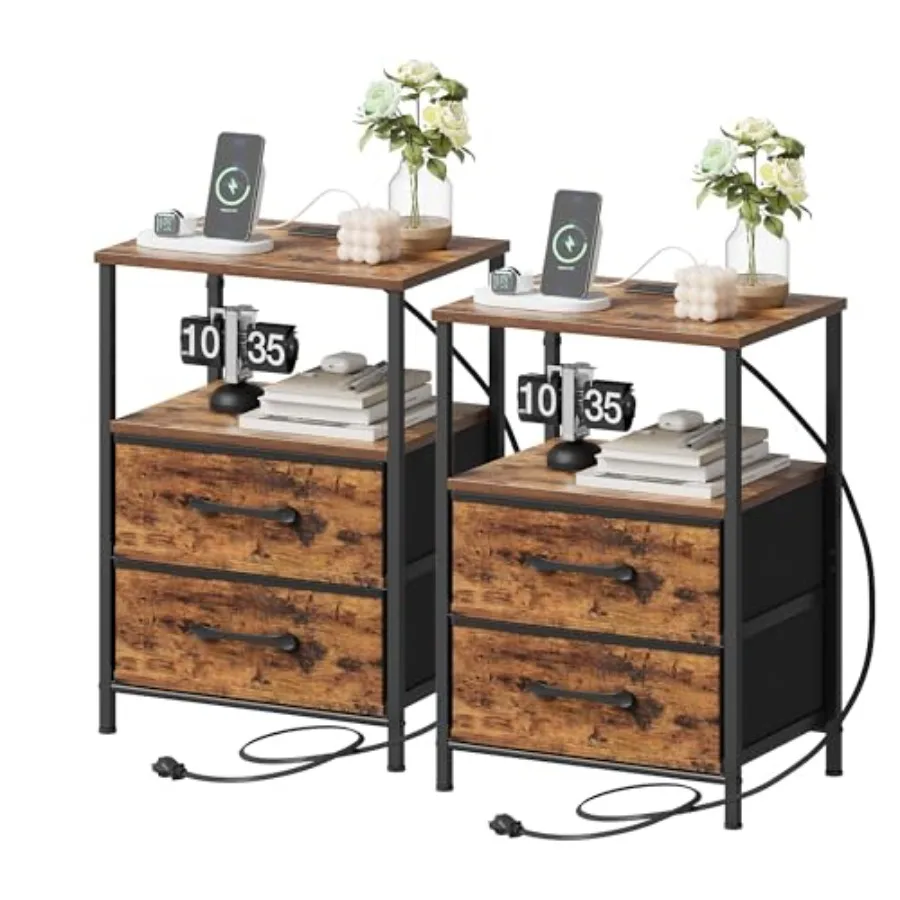 

Прикроватные тумбочки (комплект из 2 шт.) с зарядной станцией, тумбочка с 2 тканевыми ящиками, маленький приставной столик с открытой полкой, цвет рустик-бежевый