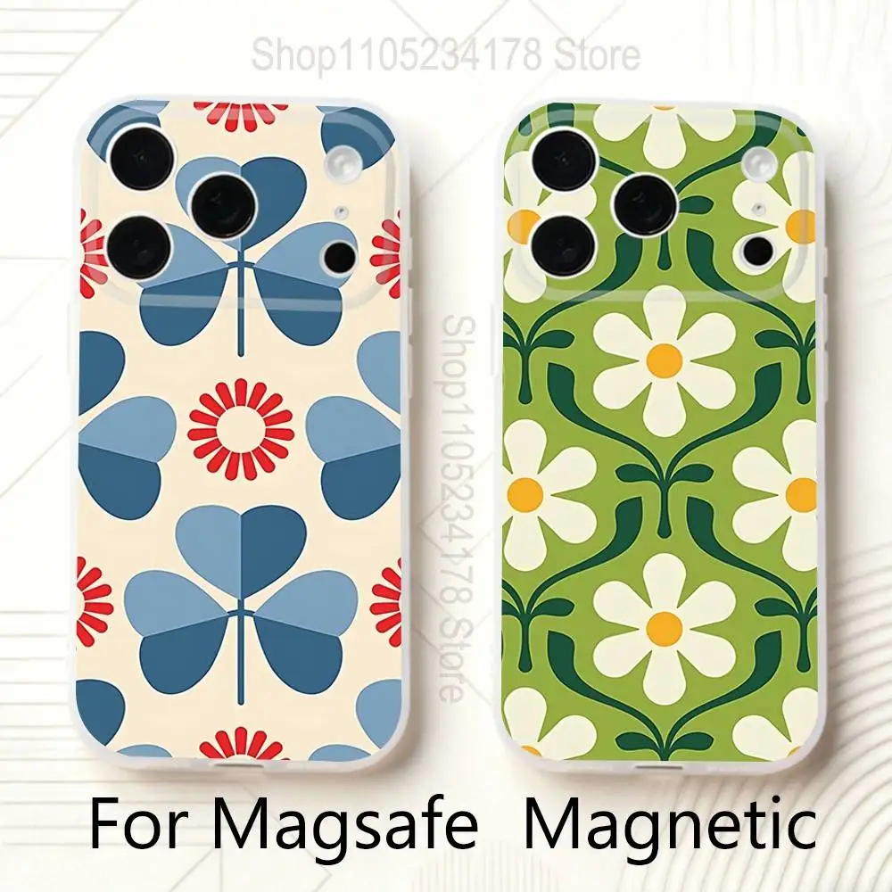

Vintage Geometric Floral Pattern Frosted Clear Magnetic Phone Case for iPhone 17,16,15,14,13,12,11 Pro,Max,Plus,Mini,Air,E