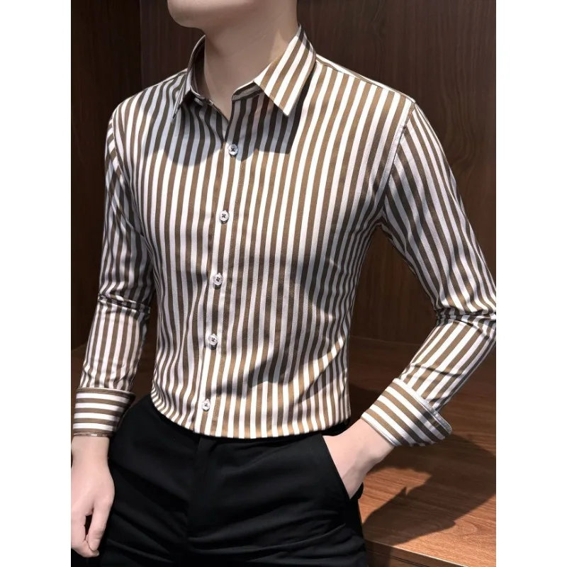 Mens Korean Slim Fit Vertical Striped Shirt Business Formal Versatile Long Sleeve Shirt